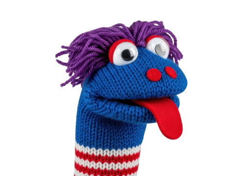 blue knitted sock puppet with purple yarn hair and googly eyes, sticking out its red felt tongue playfully, isolated extreme close-up on a transparent seamless backdrop. concept for commercial product