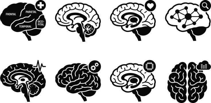 Human brain anatomy icons set, 8 black vector symbols of mental health and neurology, medical cerebral cortex and lobes diagrams