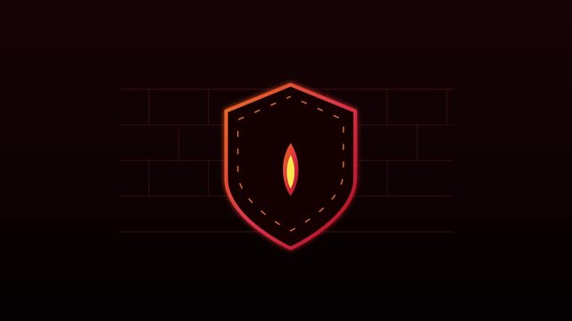 Neon shield animation with glowing flame center on brick wall 4k background, fire