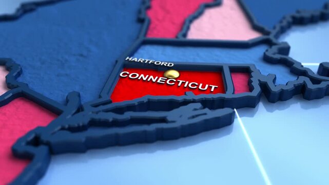 Looped 3D election map animation of the United States zooming into Connecticut state, featuring red, blue, purple and green political outcome variations. 