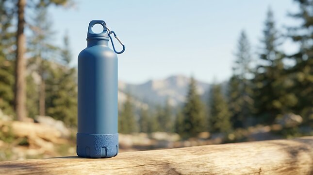 A 3D rendered icon of a durable and reusable thermos bottle designed for camping hiking and outdoor adventures featuring a sleek blue color and modern style. 3d thermos bottle icon camping and hiking