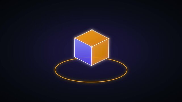 Rotating 3 d cube with glowing edges and abstract circular base animation 4k rotation motion