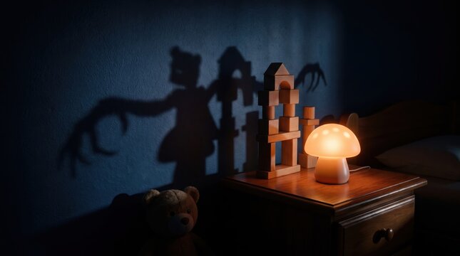 dark children bedroom illuminated by mushroom nightlight. wooden blocks cast scary monster shadow with claws on blue wall. childhood fears, nightmare concept. banner, website header.