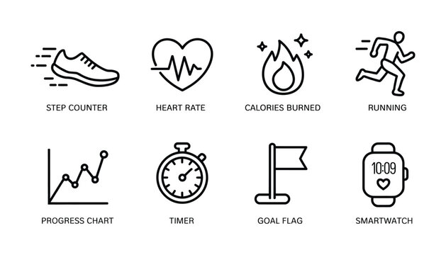 Fitness runner with smartwatch monitoring step count, heart rate, calorie burn, and exercise performance in vector illustration