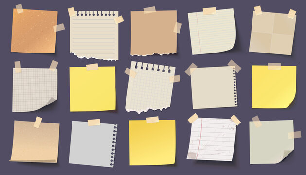 Collection of realistic sticky notes and paper sheets with tape, torn edges, and shadows. Various textures and colors isolated on dark background, ideal for reminders and design