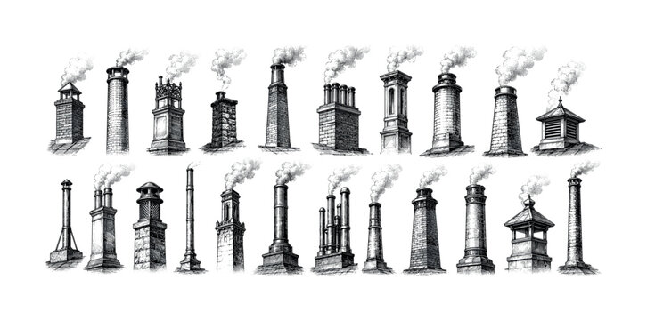 Vintage chimney and smoke stack engraving collection with tall masonry pipes, decorative vents, and rising smoke clouds, chimneys,