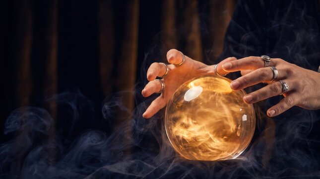 hands with rings hovering over glowing crystal ball with fire inside. dark smoky background with copyspace. fortune telling, magic, occult mystery concept. banner, website header.