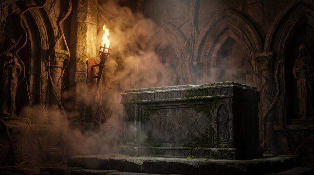 ancient stone sarcophagus in dark gothic crypt covered with moss and vines. lit torch casting warm light through thick fog. spooky fantasy dungeon background. banner, website header, copyspace.