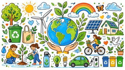 Fototapeta premium Eco sustainability doodle with recycling bin, globe, solar panel, wind turbine, trees, rainbow, and green lifestyle symbols, eco,