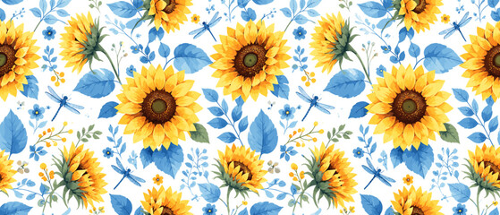 Obraz premium Sunflower and summer botanical seamless pattern with yellow blossoms, blue leaves, dragonflies, and airy floral spacing, sunflower