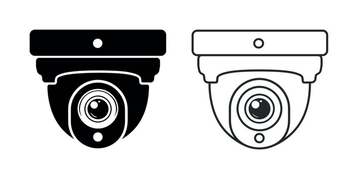 Security camera icon pair with solid and outline surveillance devices in front view, camera, security, surveillance, icons, pair,