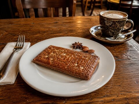 Traditionelle Aachener Printen mit typischem Pr&auml;gemuster auf wei&szlig;em Teller, rustikal zu Kaffee serviert &ndash; w&uuml;rziges deutsches Geb&auml;ck aus Aachen f&uuml;r Advent und Weihnachtszeit.