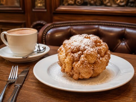 Rothenburger Schneeballen mit Puderzucker auf wei&szlig;em Teller, rustikal zu Kaffee serviert &ndash; knuspriges fr&auml;nkisches Schmalzgeb&auml;ck und traditionelle Spezialit&auml;t aus Bayern.