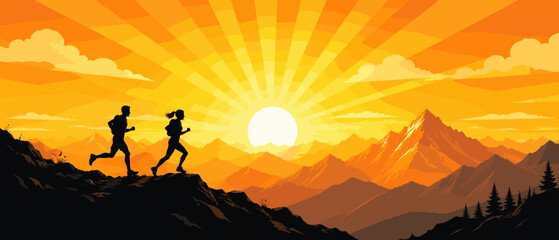 Fototapeta premium Sunrise mountain hiking silhouette with two runners crossing dark ridges beneath radiant orange sunbeams, sunrise, mountains,
