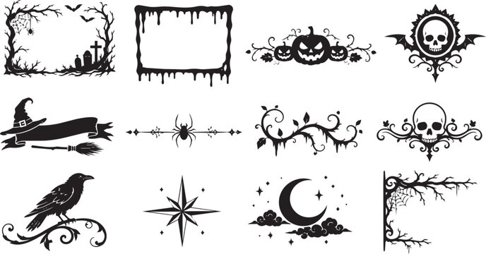 Halloween vector set with skull, pumpkin, raven and frames