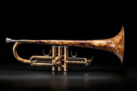 Studio-shot trumpet, wood grain, dark background, musical instrument, advertising