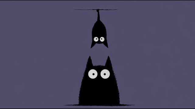 Black bat hanging upside down with a stretchable neck meeting a black cat on a smooth purple background, funny Halloween animation