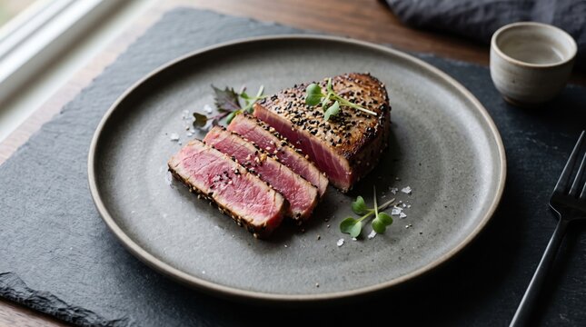 A perfectly seared ahi tuna steak with sesame seeds rests on a rustic plate with fresh herbs.