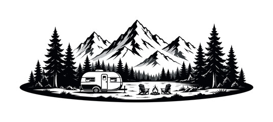 Obraz premium Serene mountain campsite with a vintage trailer and campfire scene
