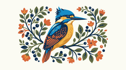 Folk art vector illustration of a kingfisher perched on a branch surrounded by a symmetric frame of orange flowers, dark berries, and leaves in a rustic linocut block print style © GraphicGalaxy