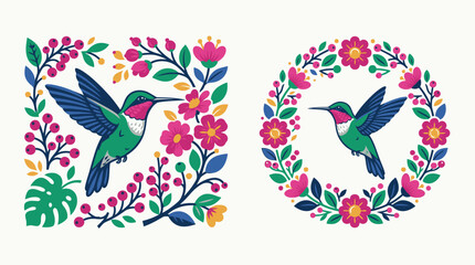 Folk art vector illustration set of a flying hummingbird in floral and berry frames with a circular wreath in a rustic linocut block print style © GraphicGalaxy