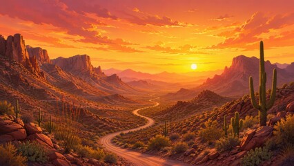 Obraz premium Vibrant desert canyon landscape bathed in the warm glow of a setting sun