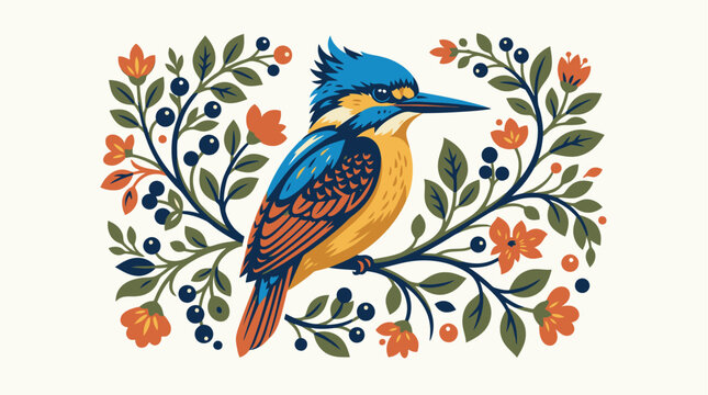 Folk art vector illustration of a kingfisher perched on a branch surrounded by a symmetric frame of orange flowers, dark berries, and leaves in a rustic linocut block print style