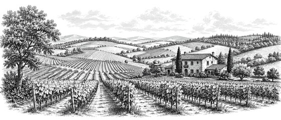Fototapeta premium Wide agricultural panorama with vineyard rows, farmhouse, distant forest, and rolling terrain, agriculture, panorama, vineyard,