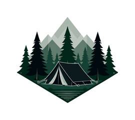 Obraz premium Dark green camping emblem with triangular pine trees, black tent, and layered geometric forest scene, camping, tent, pines, trees,