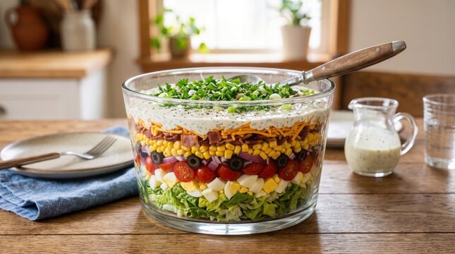 A vibrant seven layer salad served in a glass bowl on a rustic wooden table in a bright kitchen.