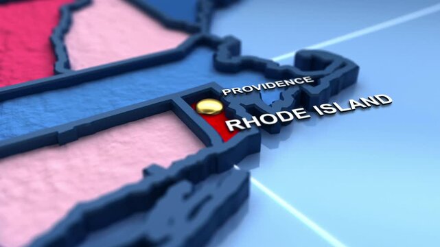 Looped 3D election map animation of the United States zooming into Rhode Island state, featuring red, blue, purple and green political outcome variations. 