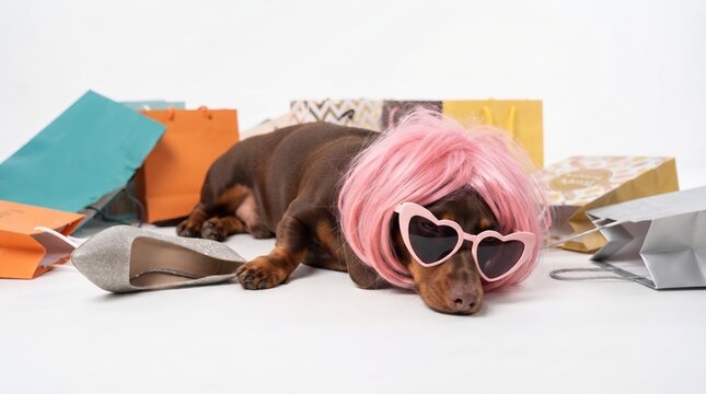 Tired dachshund wearing a pink wig and heart sunglasses lying among shopping bags and a silver shoe on white