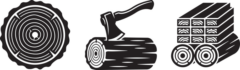 Black and white lumber icons set featuring tree trunk wood logs and a sharp metal axe tool © OMESA
