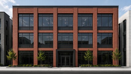 Obraz premium Modern red brick office building facade with large dark windows and trees