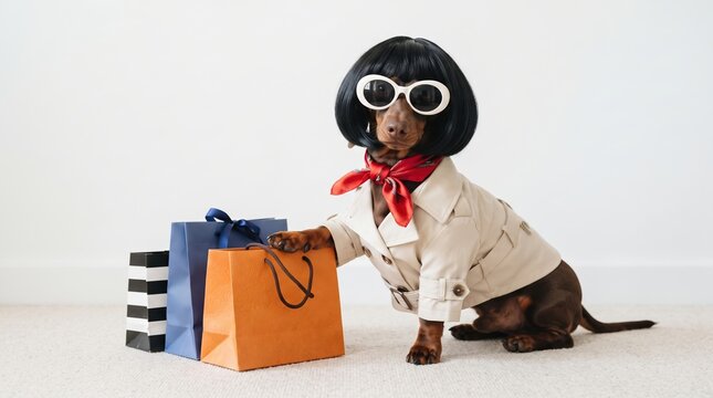 dachshund wearing a black bob wig, white sunglasses, red scarf and beige trench coat beside colorful shopping bags