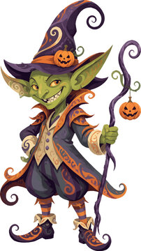 goblin three-quarter view full body with pointed hat and mischievous grin, whimsical fantasy vector illustration