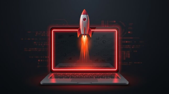 Rocket launching from a laptop screen with glowing neon red border