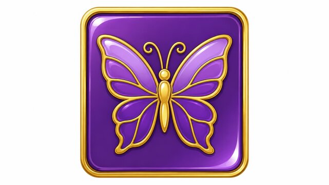 Elegant purple butterfly emblem with golden ornate details on a glossy square