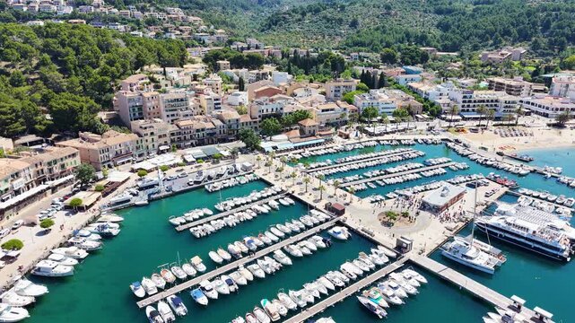 aerial view of Port Soller harbour, Mallorca at summer, Spain