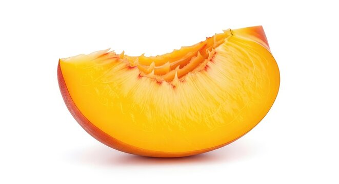 A single, vibrant slice of juicy yellow peach with velvety orange skin and sweet flesh, isolated on a clean white background for design, ingredient, macro, antioxidant