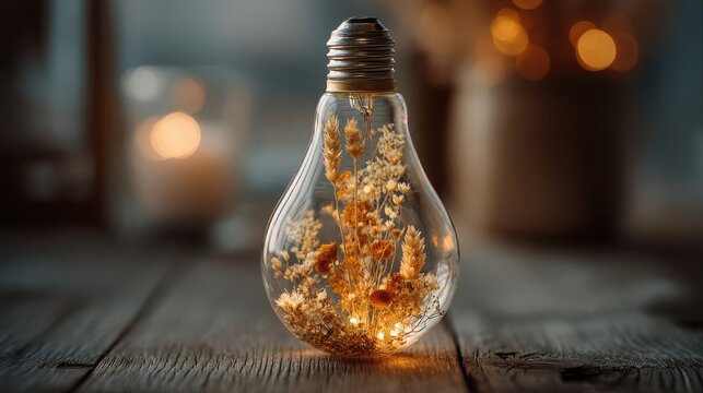 Glowing Light Bulb Filled with Dried Wildflowers Symbolizing Sustainable Energy and Eco Innovation