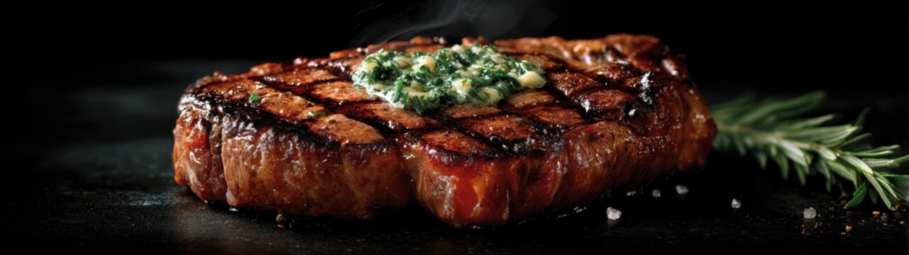 Grilled Ribeye Steak with Herb Butter on Dark Gourmet Background