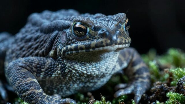 Close-up of common toad resting on mossy ground, detailed amphibian macro portrait nature