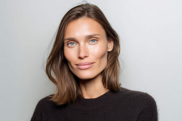 Fototapeta premium Studio portrait of a confident young white woman with natural makeup and soft expression against a clean neutral background. Modern beauty, skincare and wellness concept with minimalist aesthetic.