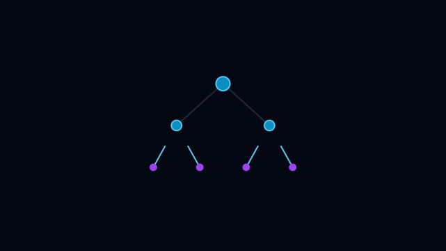 Binary tree data structure animation: hierarchical network nodes and digital connections 4k algorithm