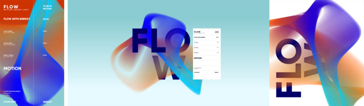 Design collection featuring typographic Flow Motion posters and a schedule card over layered translucent ribbon forms, arranged as a modern editorial branding layout.