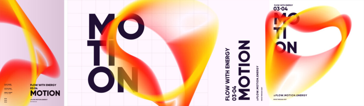 Design collection of abstract motion posters featuring flowing translucent ribbons, bold typography, grid lines, and energy themed text on pale background layouts.