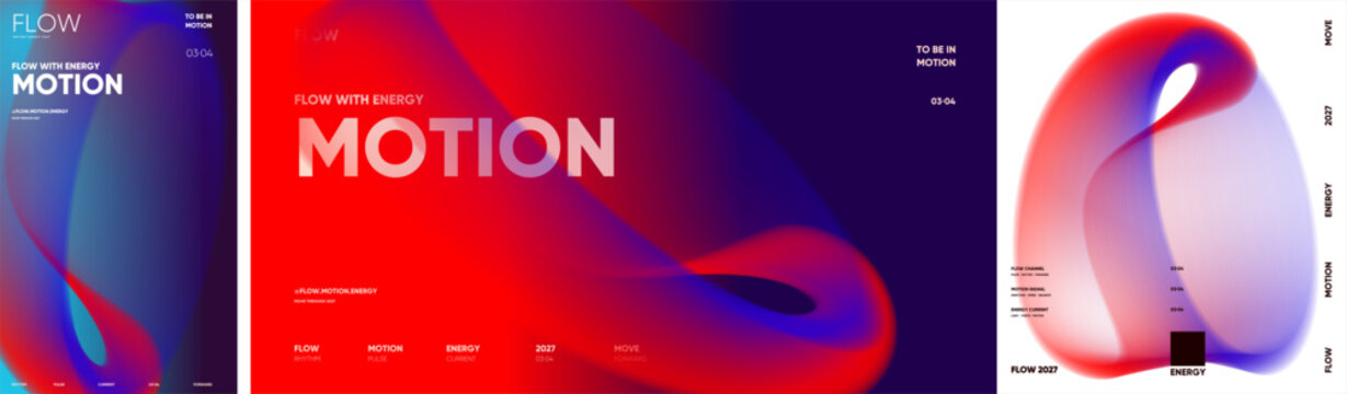 Abstract motion design collection with flowing translucent ribbon forms, bold typography, and editorial layouts expressing energy, rhythm, movement, and a futuristic 2027 theme.