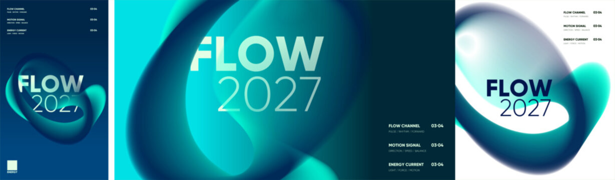 Abstract flow-themed design collection with fluid glowing forms, bold 2027 typography, and channel-style text arranged across minimalist poster layouts.