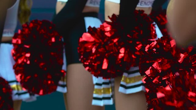Cheerleaders Holding Red Pom Poms, Cheerleading Squad Performance

